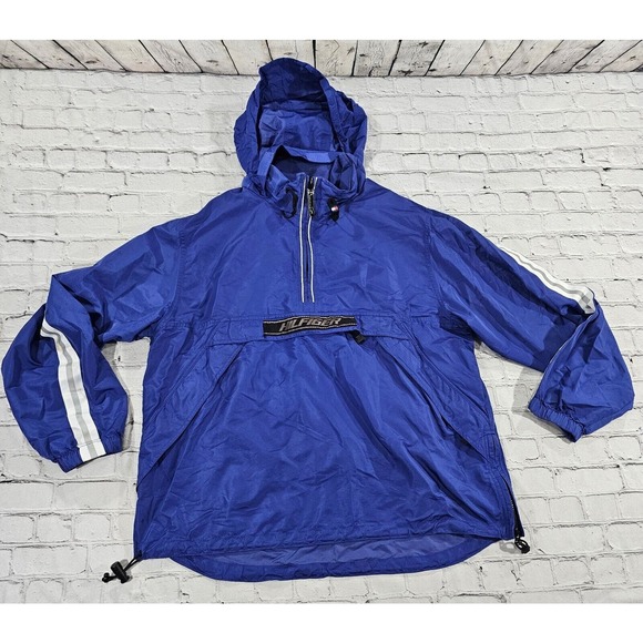 Vintage Tommy Hilfiger Logo 1/4 Zip Hooded Windbreaker Blue Jacket 90s MENS L - Picture 1 of 16